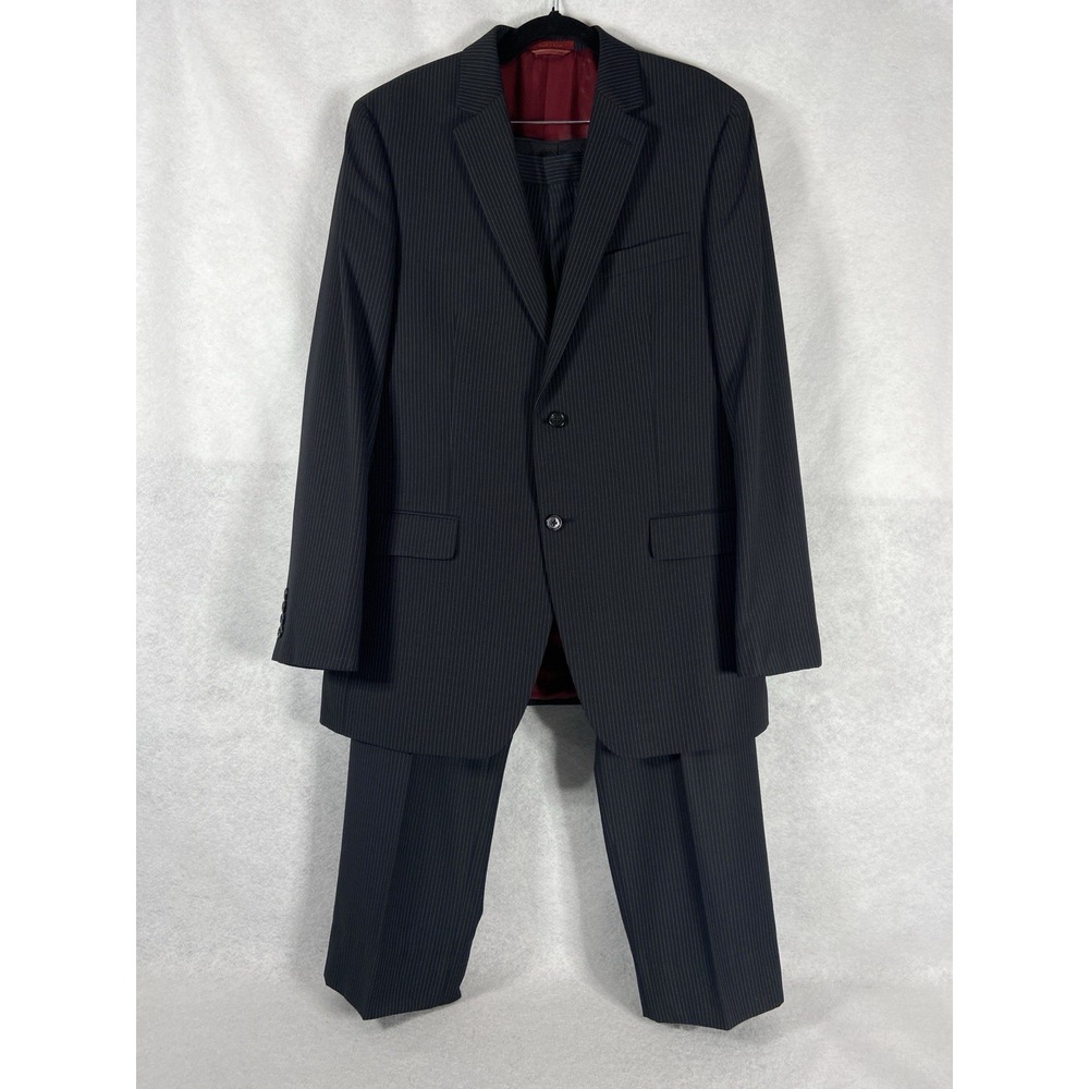 Izod 2PC Pant Suit Mens 42L Black Pinstriped Pants 35R Formal Corporate